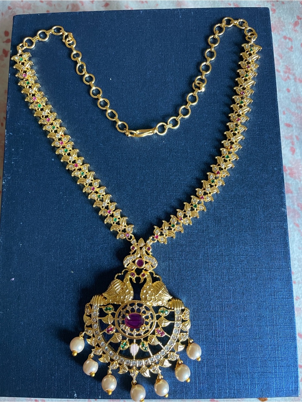 Gold-Tone Women’s Pendant Necklace with Purple and Green Stones